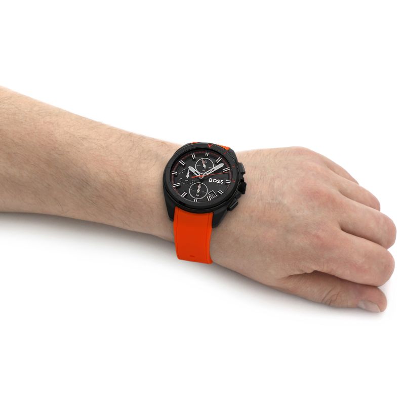 Buy Hugo Boss Volane Chronograph Black Dial Orange Rubber Strap Mens Watch 45mm 5ATM - 1513957 in Pakistan