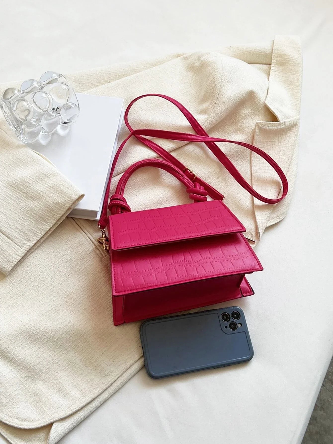 Buy SHEIN Mini Crocodile Embossed Neon Pink Flap Square Bag in Pakistan