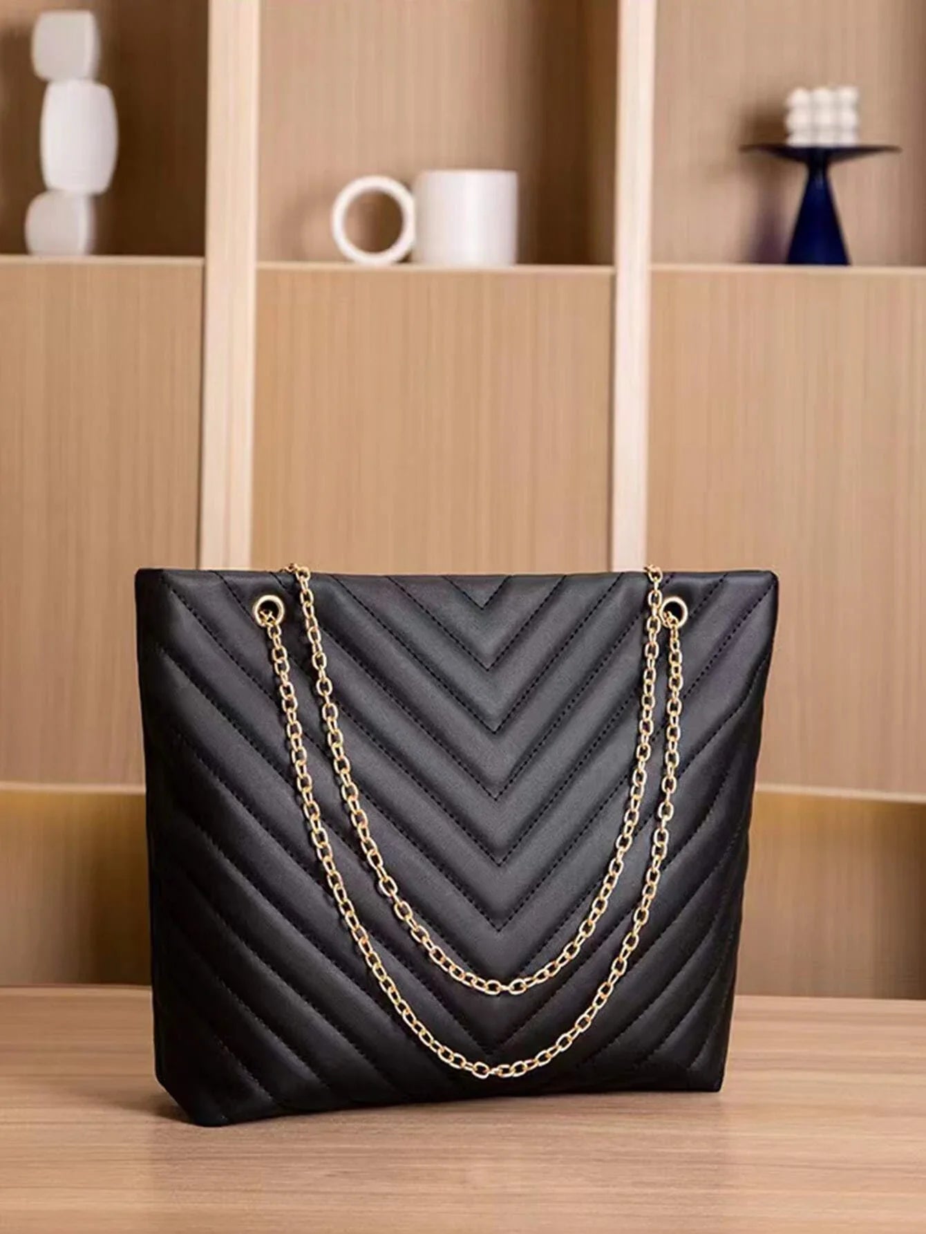 Buy SHEIN Trendy Chain Tote Bag, Women's Large Capacity Shoulder Bag, Simple Solid Color Handbag Chevron Chain Shoulder Tote Bag in Pakistan