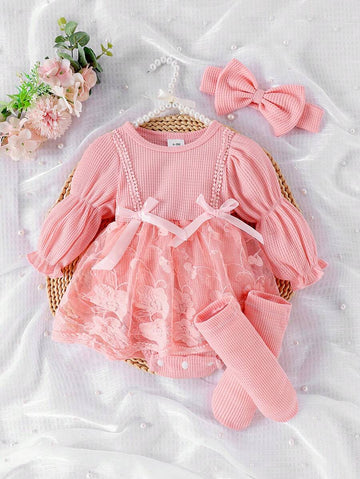 Buy SHEIN 1pc Baby Girl Elegant Lace Patchwork Bodysuit With Headband & Socks, Autumn/Winter in Pakistan
