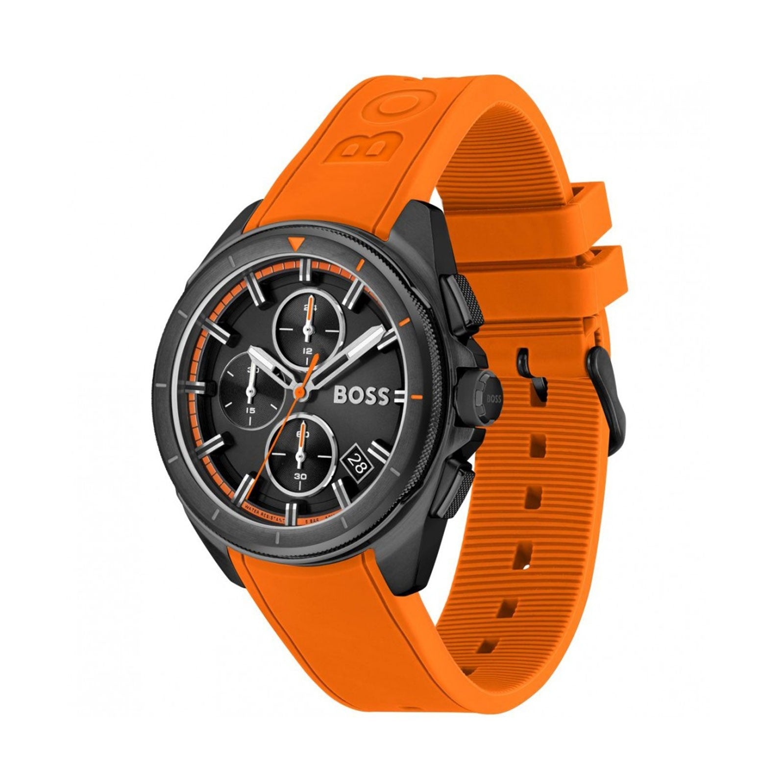 Buy Hugo Boss Volane Chronograph Black Dial Orange Rubber Strap Mens Watch 45mm 5ATM - 1513957 in Pakistan