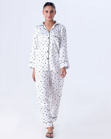 Buy Sajiero Silk Pajama Suit with Scrunchie - Black Hearts in Pakistan