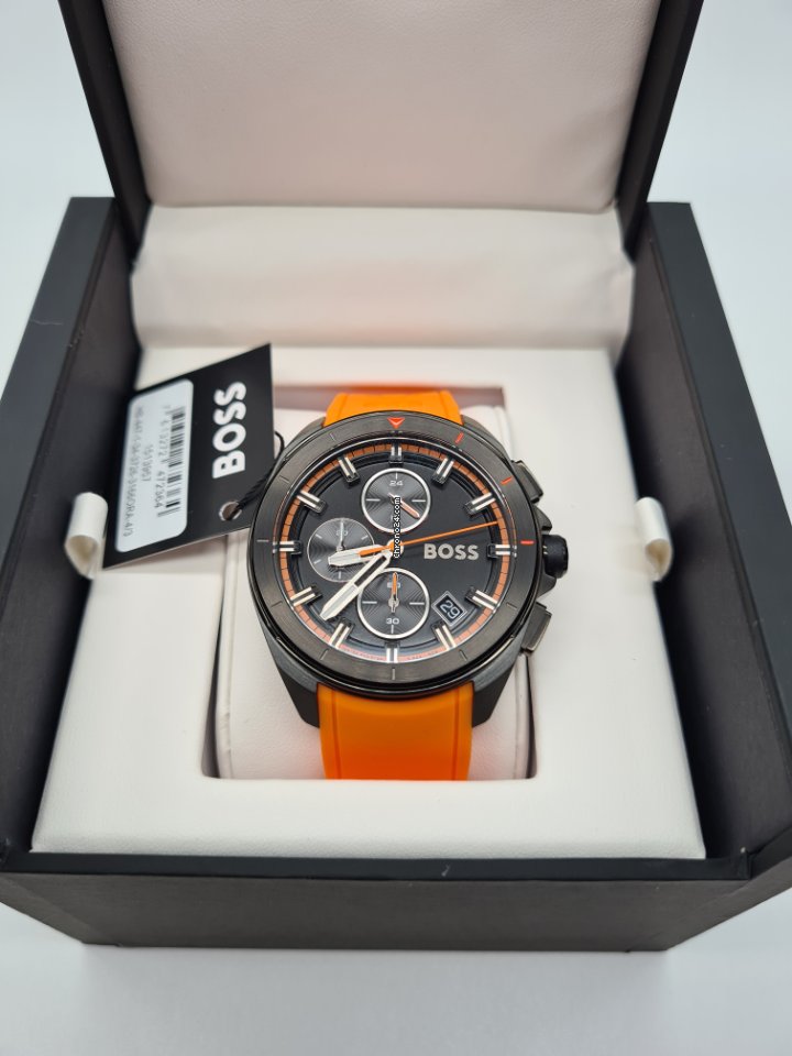Buy Hugo Boss Volane Chronograph Black Dial Orange Rubber Strap Mens Watch 45mm 5ATM - 1513957 in Pakistan