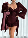 Buy SHEIN 2pcs Set: Fishbone Style Cinch Waist Lace Cami Nightgown & Wide Sleeve Mesh Robe in Pakistan