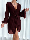 Buy SHEIN 2pcs Set: Fishbone Style Cinch Waist Lace Cami Nightgown & Wide Sleeve Mesh Robe in Pakistan