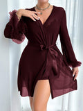 Buy SHEIN 2pcs Set: Fishbone Style Cinch Waist Lace Cami Nightgown & Wide Sleeve Mesh Robe in Pakistan