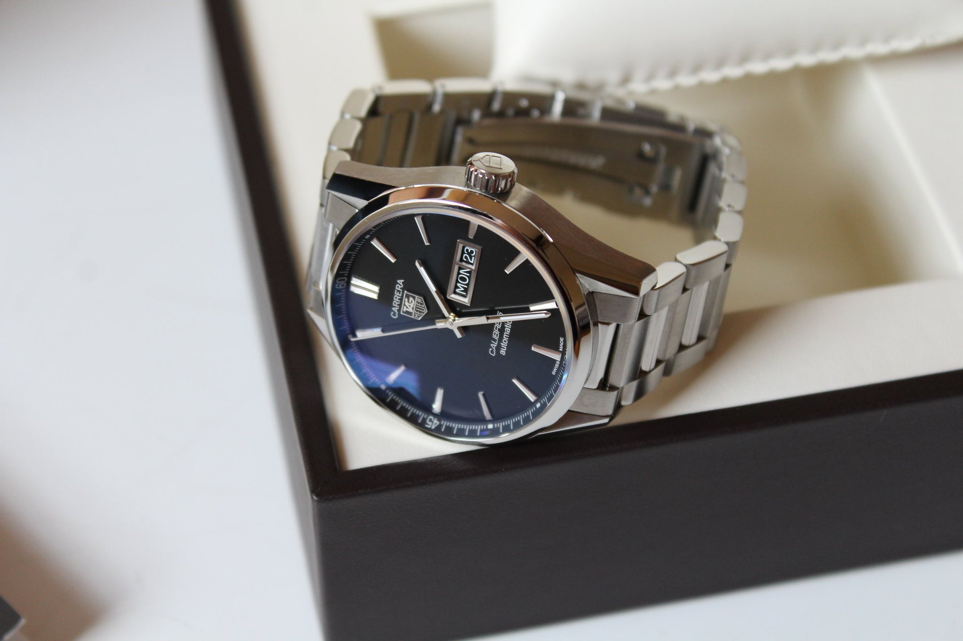 Buy Tag Heuer Carrera Calibre 5 Black Dial Silver Steel Strap Watch for Men - WAR201A.BA0723 in Pakistan