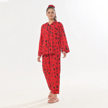 Buy Sajiero Cherry Linen Pajama Suit with Scrunchie in Pakistan