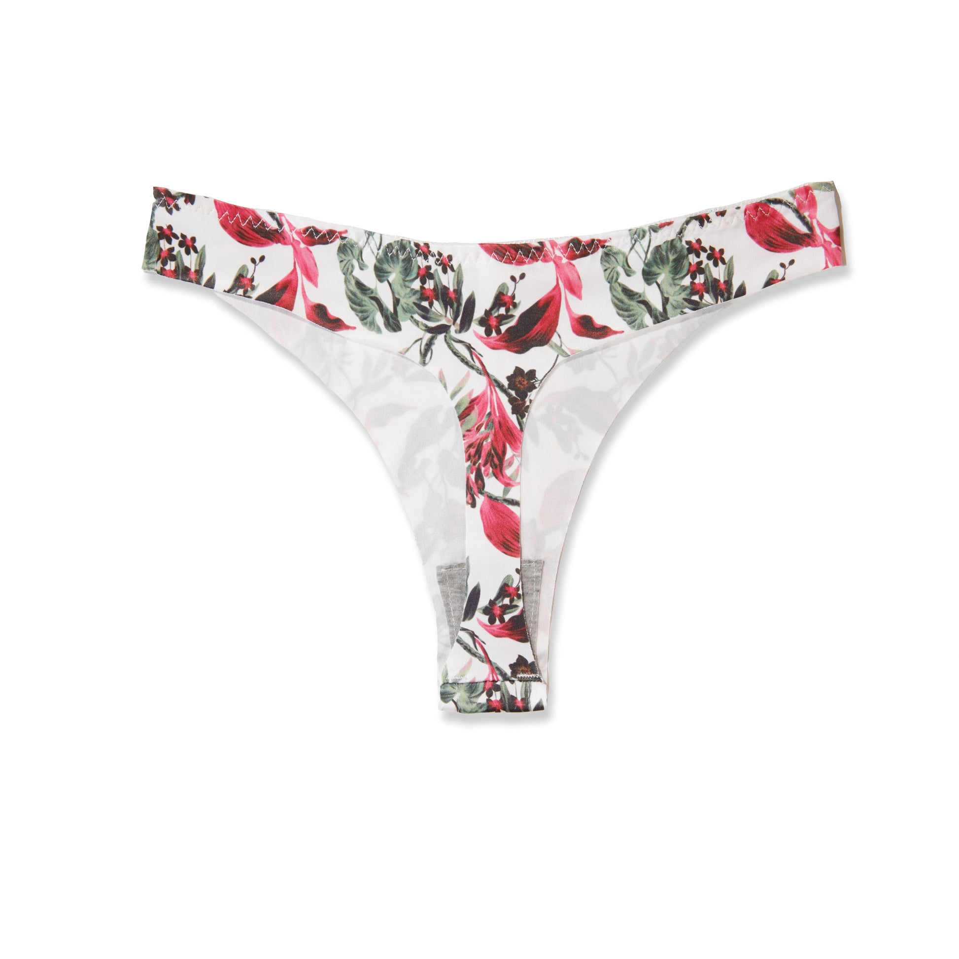 A thong panty with a multicolored floral pattern on a white background.