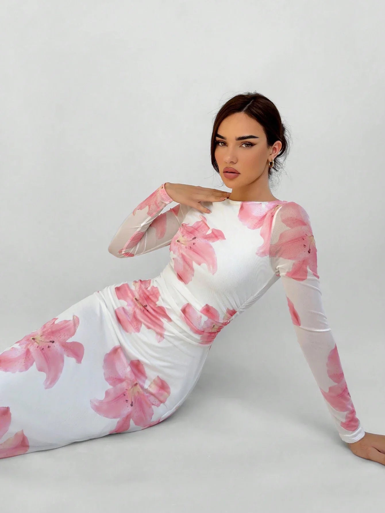 SHEIN Aloruh Romantic Date Night Floral Print Pleated Long Sleeve Dres