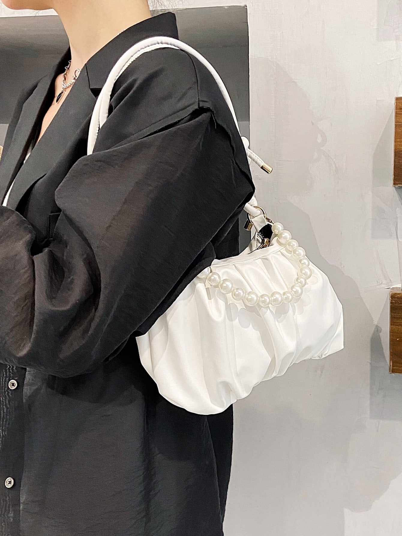 Buy SHEIN Argyle Princess Faux Pearl & Rhinestone Pearl Chain & Decor Minimalist Pearls Decor Ruched Bag For Party, Wedding, Prom And Dinner, Lipsticks, Women's Pearl BagMinimalist,Fashion in Pakistan