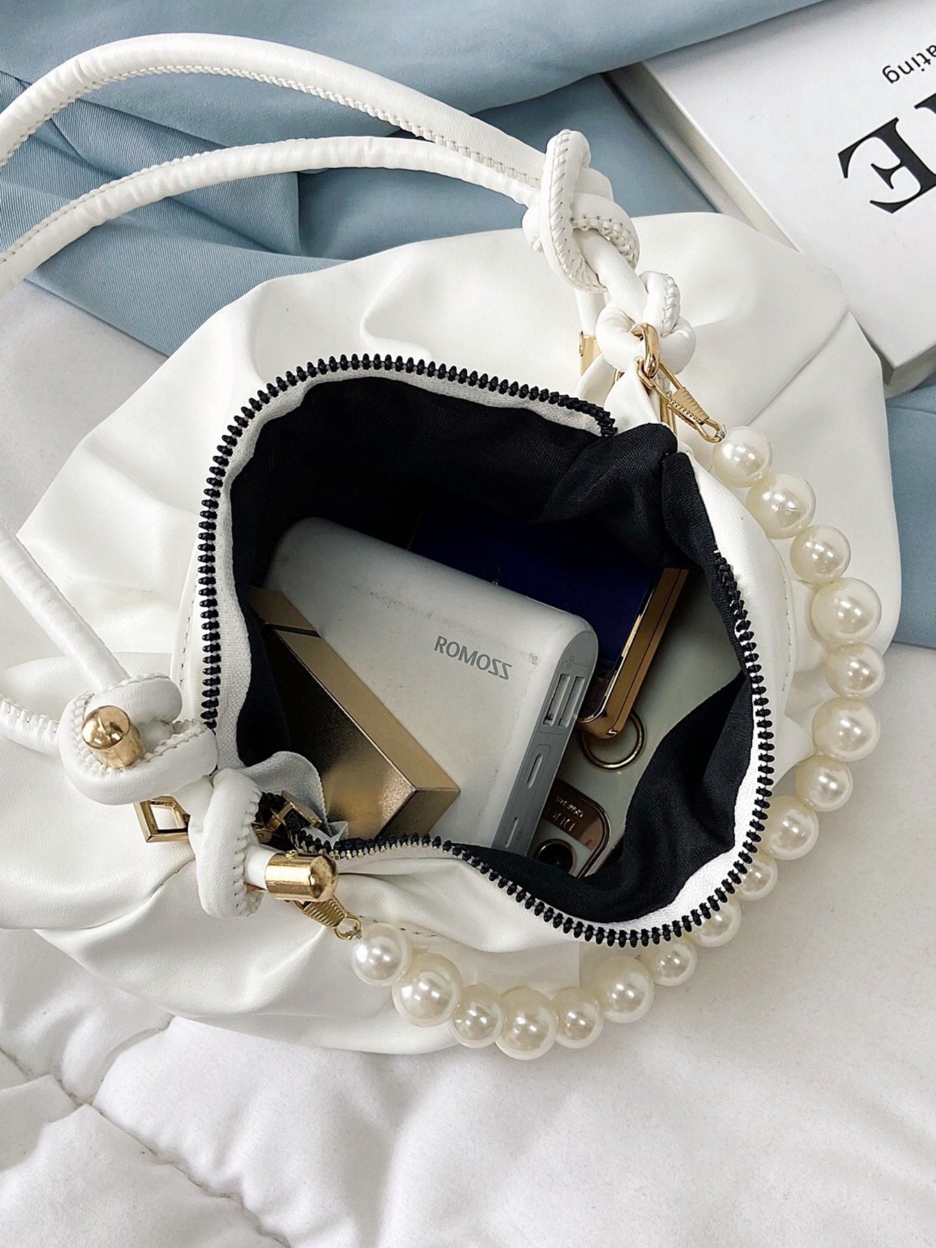 Buy SHEIN Argyle Princess Faux Pearl & Rhinestone Pearl Chain & Decor Minimalist Pearls Decor Ruched Bag For Party, Wedding, Prom And Dinner, Lipsticks, Women's Pearl BagMinimalist,Fashion in Pakistan