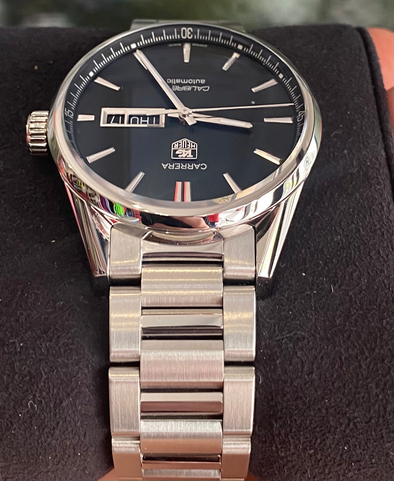 Buy Tag Heuer Carrera Calibre 5 Black Dial Silver Steel Strap Watch for Men - WAR201A.BA0723 in Pakistan