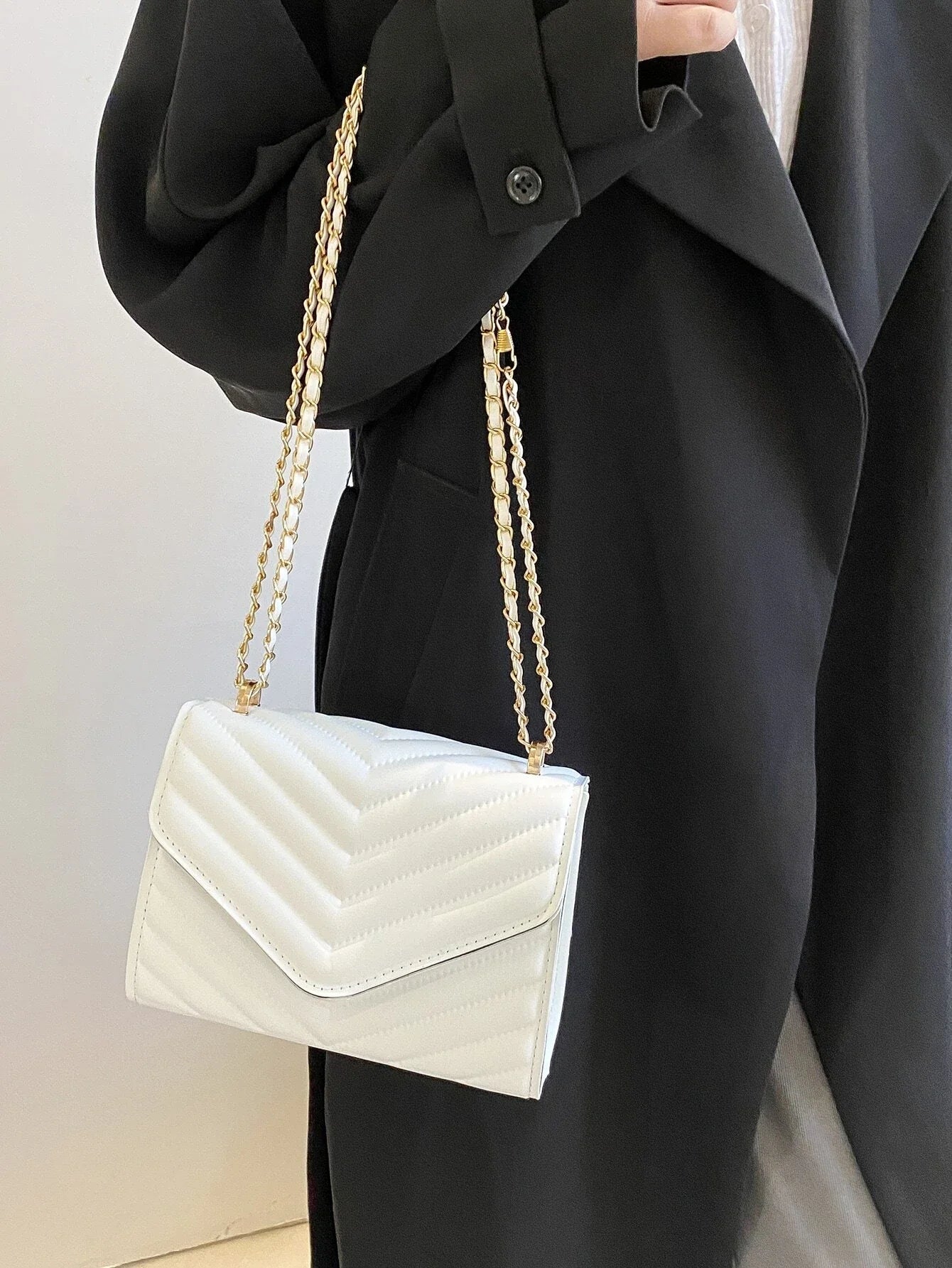 Buy SHEIN Chevron Detail Chain Square Bag, Minimalist Flap Shoulder Bag in Pakistan