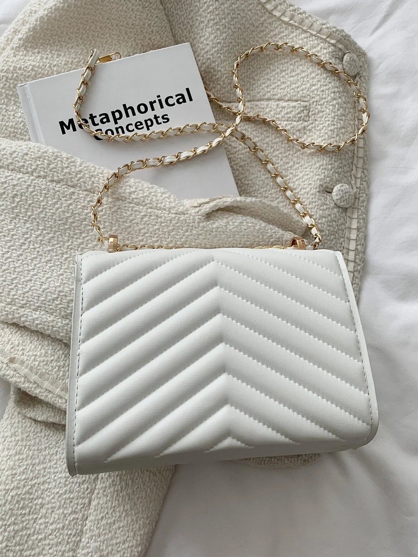 Buy SHEIN Chevron Detail Chain Square Bag, Minimalist Flap Shoulder Bag in Pakistan