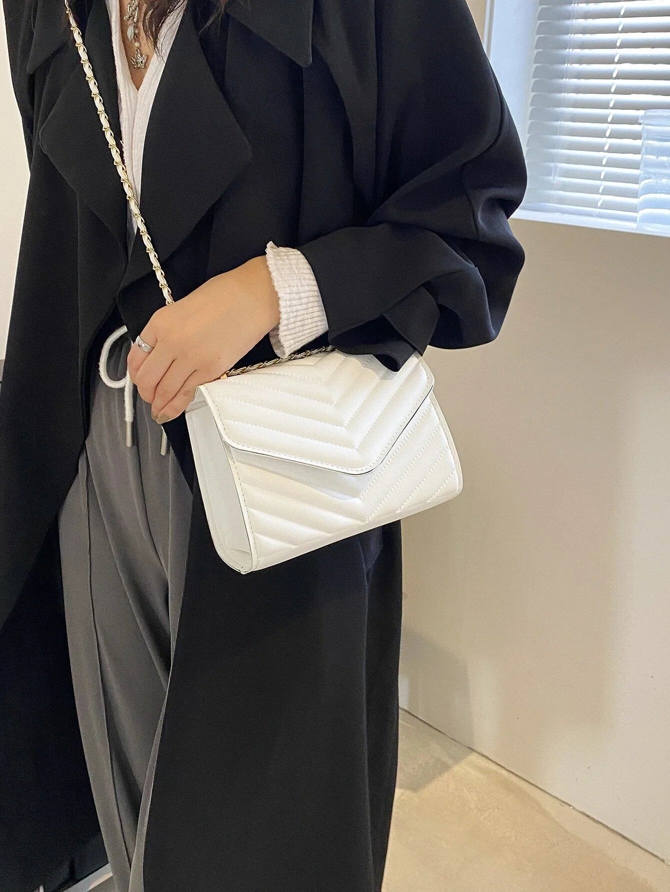 Buy SHEIN Chevron Detail Chain Square Bag, Minimalist Flap Shoulder Bag in Pakistan