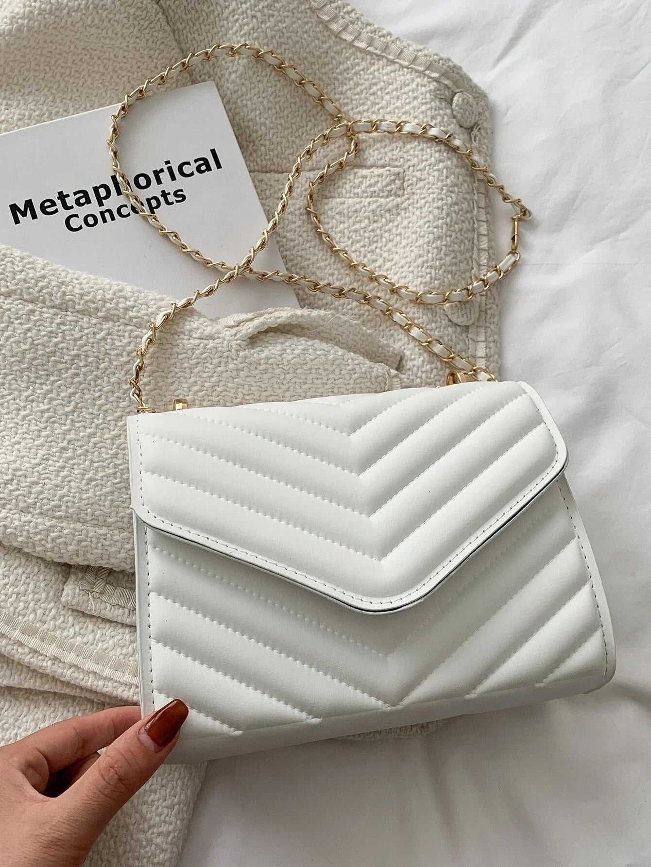 Buy SHEIN Chevron Detail Chain Square Bag, Minimalist Flap Shoulder Bag in Pakistan