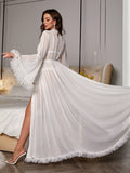 Buy SHEIN Contrast Mesh Trumpet Sleeve Belted Sleep Robe Without Lingerie Set in Pakistan