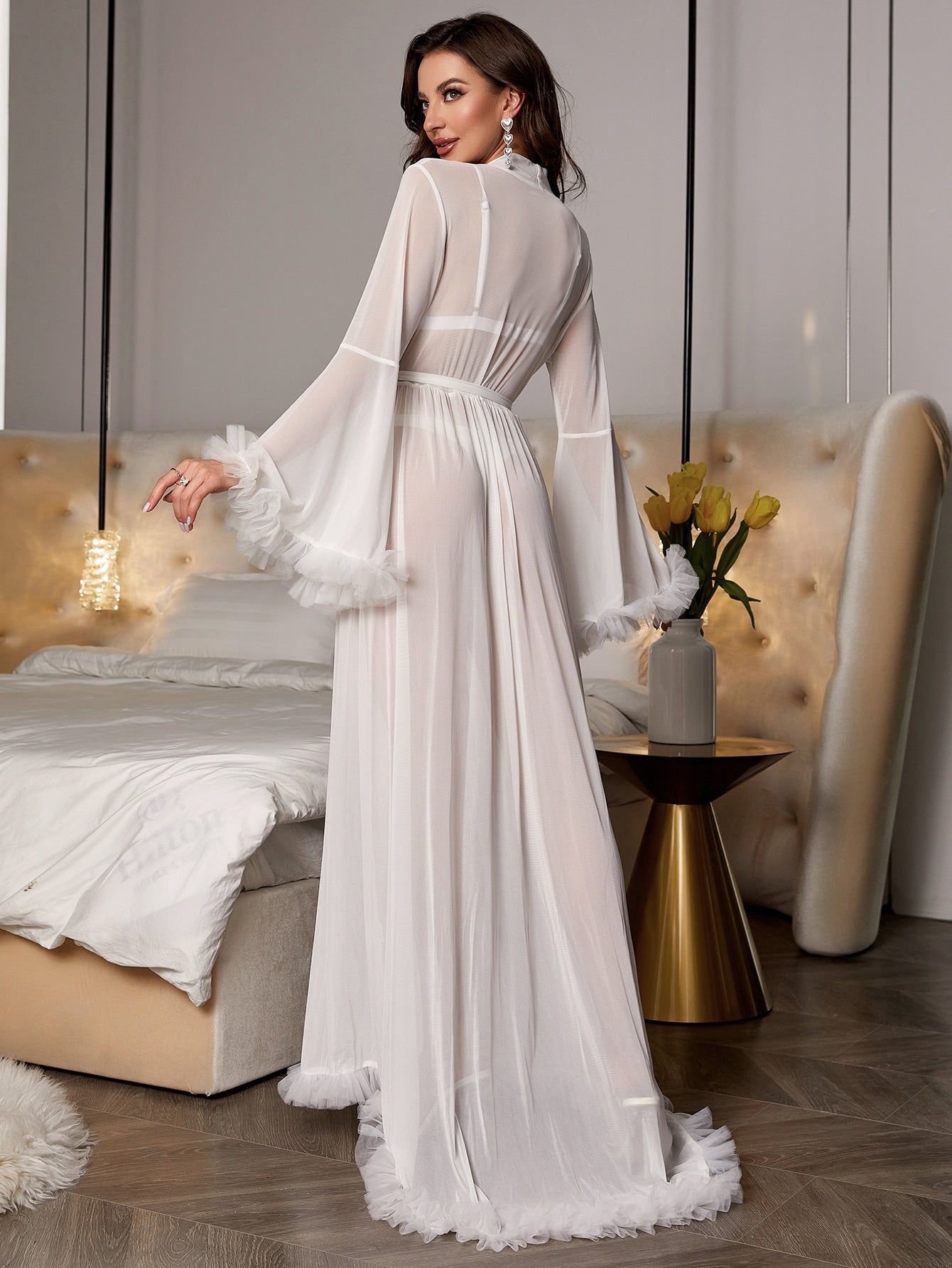 Buy SHEIN Contrast Mesh Trumpet Sleeve Belted Sleep Robe Without Lingerie Set in Pakistan