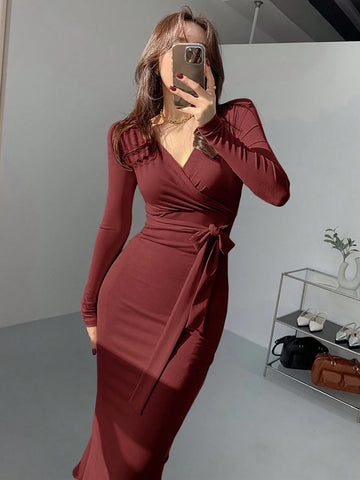 Buy SHEIN DAZY Women's Solid Color Self-Tie Wrap Midi Dress in Pakistan