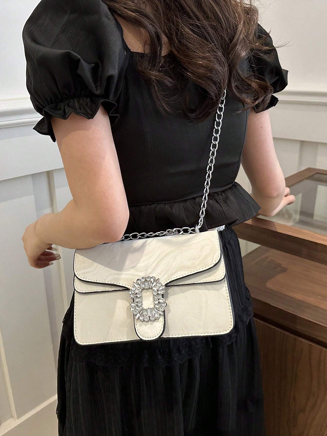 Buy SHEIN Fashionable And Versatile Solid Color PU Shoulder Bag, Casual And Simple Double-Layered Chain Square Bag in Pakistan