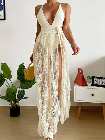 Buy SHEIN Swim Vcay Floral Criss Cross Lace Up One Piece Swimsuit With Beach Skirt in Pakistan
