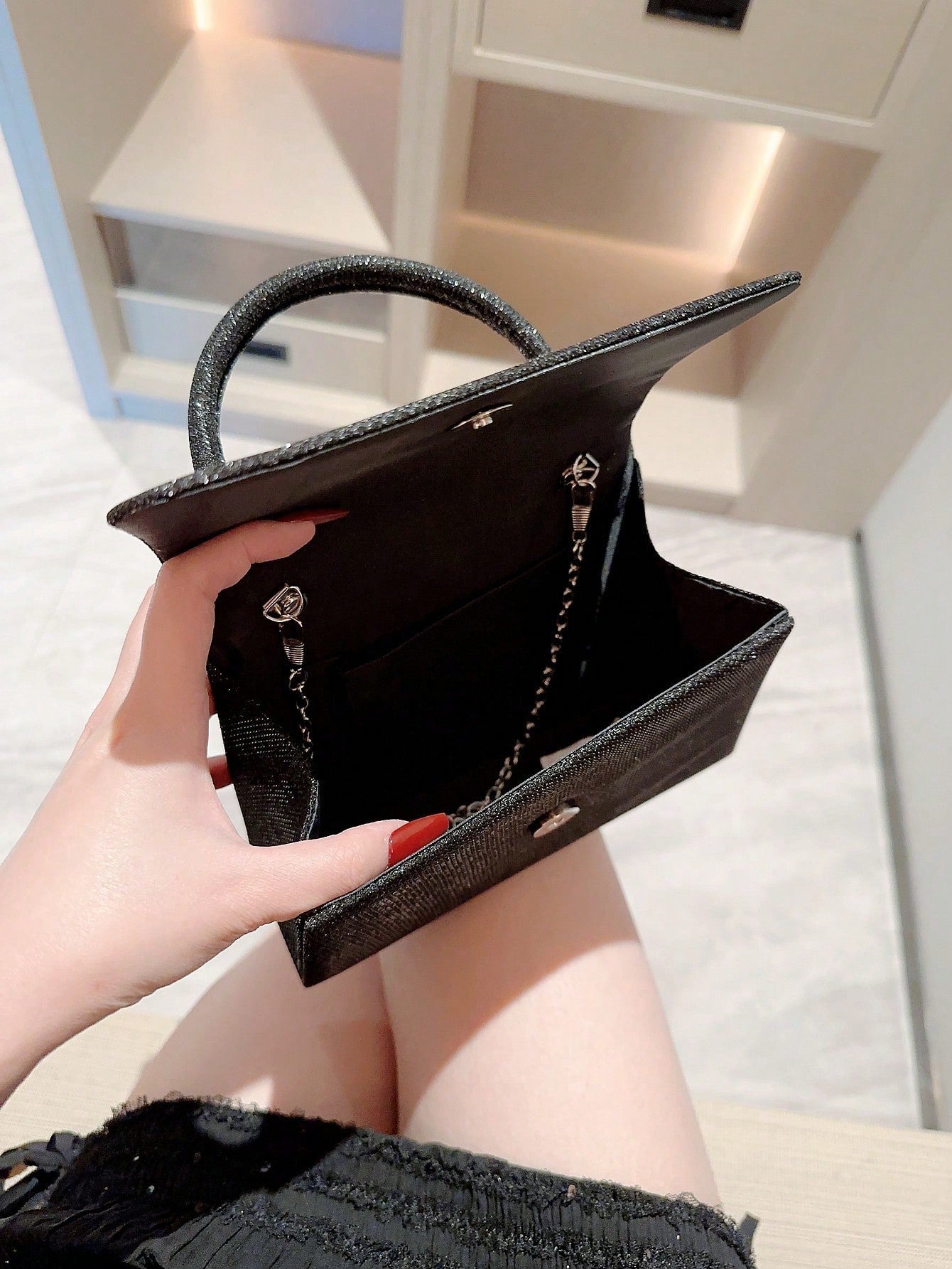 Buy SHEIN Mini Flap Square Bag Glitter Black Minimalist in Pakistan