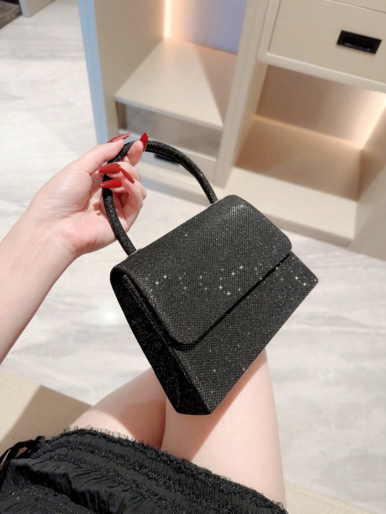 Buy SHEIN Mini Flap Square Bag Glitter Black Minimalist in Pakistan