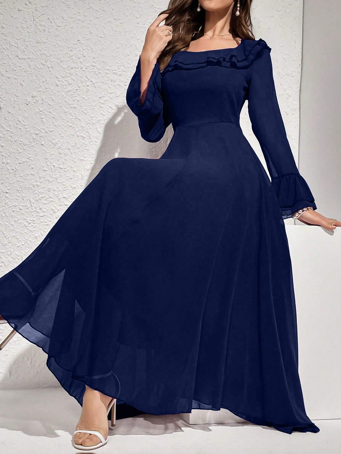 SHEIN Modelyn Women's Solid Color Simple Daily Long Sleeve Dress Maxi SHEIN Modelyn Women's Solid Color Simple Daily Long Sleeve Dress Maxi