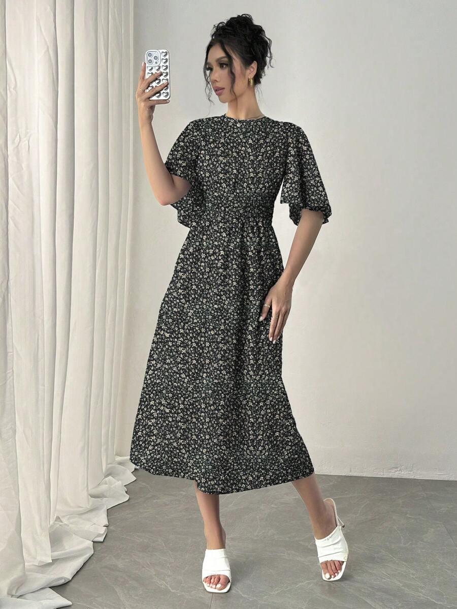 SHEIN Rafferiza Blue Romantic Vacation Dress, Round Neck, Ruffle Short SHEIN Rafferiza Blue Romantic Vacation Dress, Round Neck, Ruffle Short