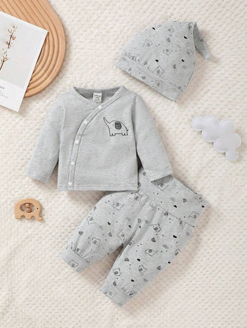 Buy SHEIN 3pcs Baby Boy Cartoon Bear Print Button-Front Shirt, Pants And Hat Casual Outfit Set in Pakistan
