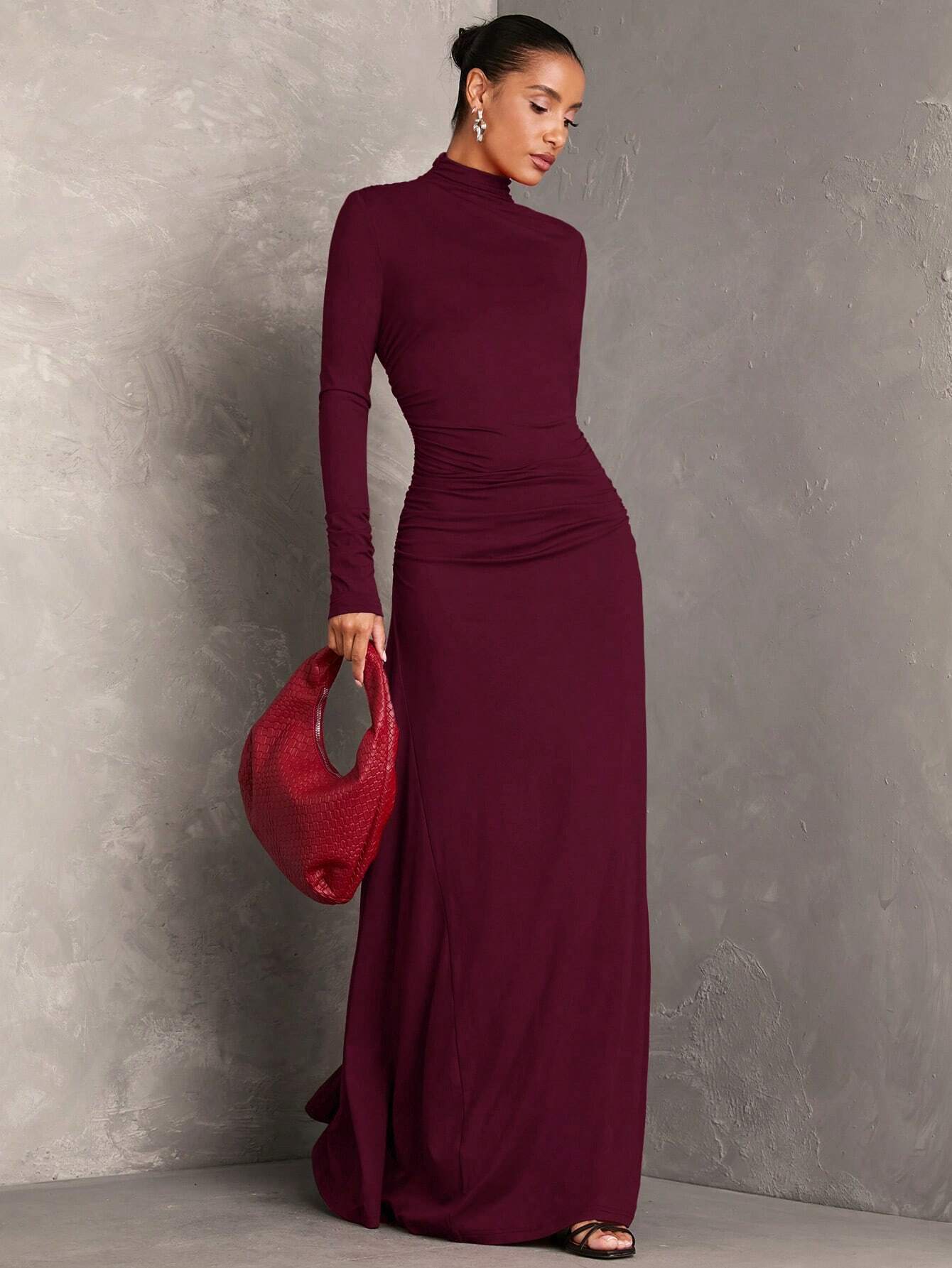 SHEIN BAE 1pc Women Plain Stand Collar Long Sleeve Long Casual Dress,