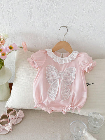 Buy SHEIN Baby Girl Pink Butterfly Bubble Sleeves Floral Lace Short Sleeve Romper in Pakistan