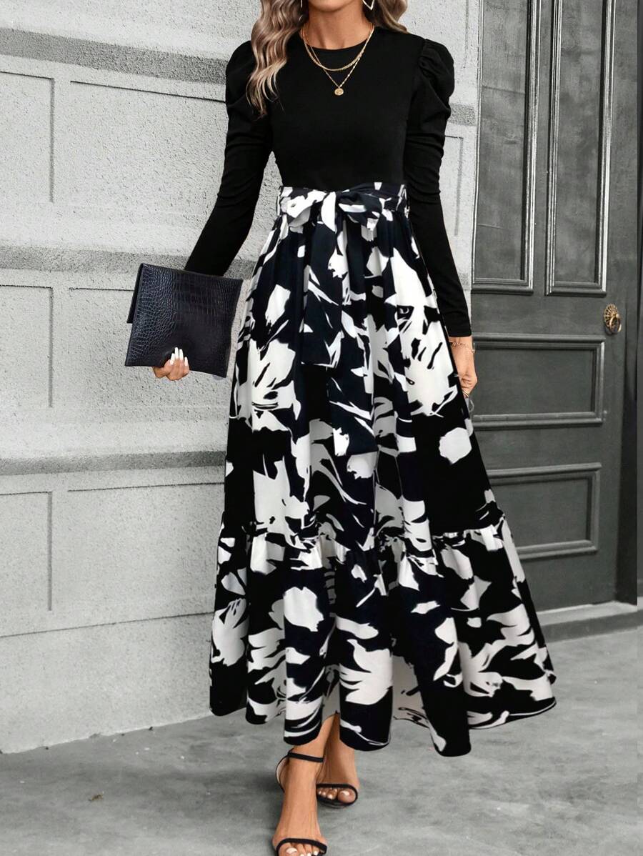 SHEIN Clasi Women's Elegant Bowknot Splice Floral Print A-Line Dress
