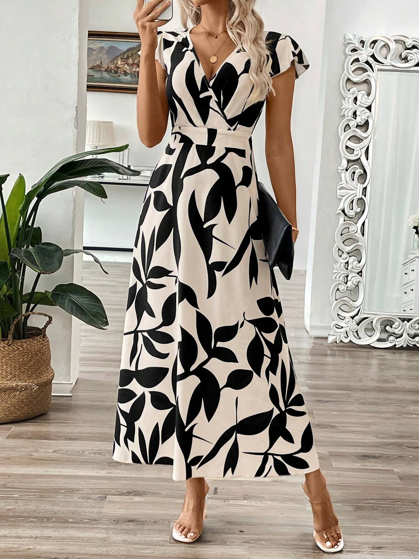 knee length dresses for ladies SHEIN Clasi Women's Summer Long V-Neck Branch Floral Dress With A-Line