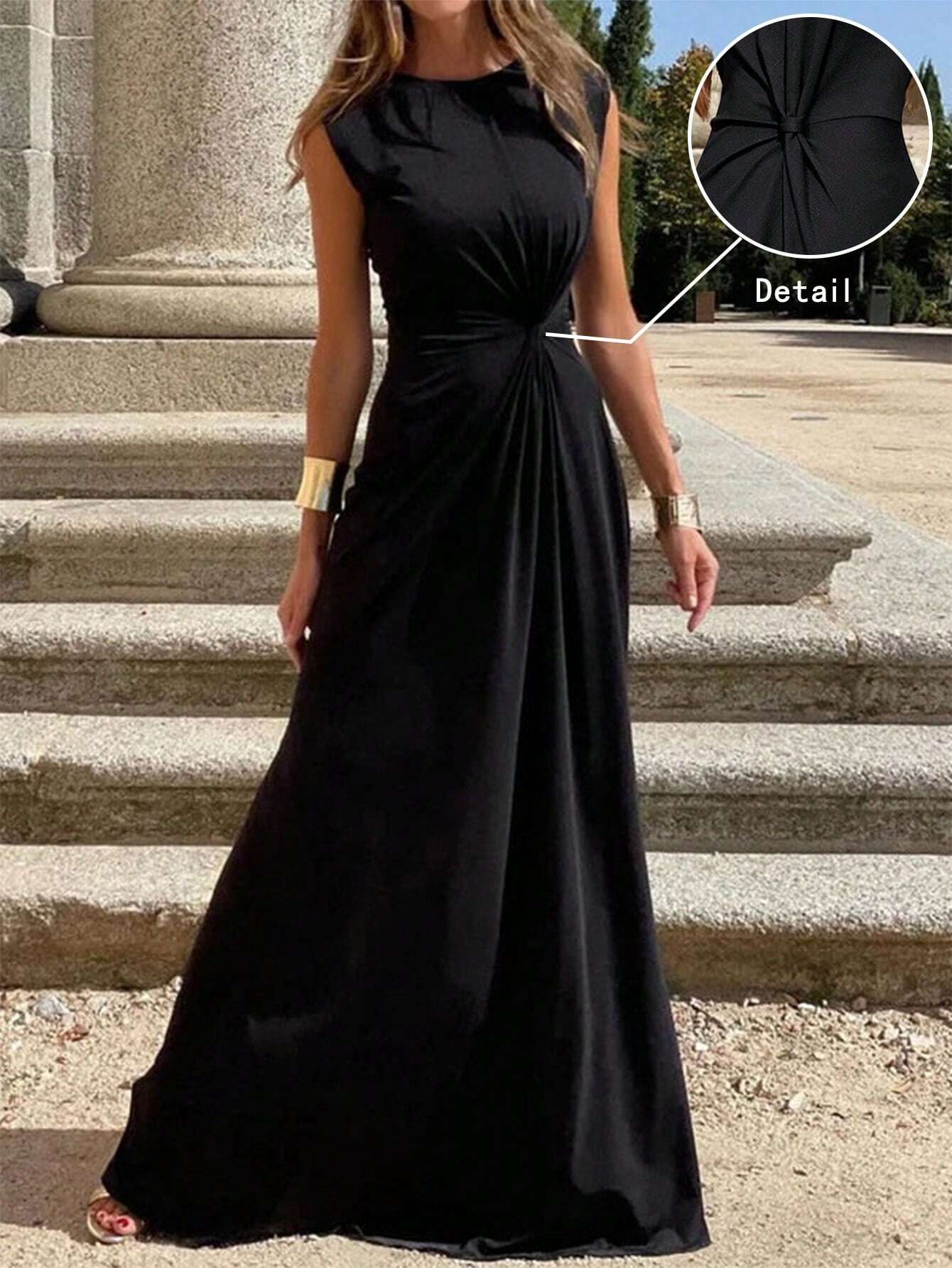 SHEIN Clasi Women's Twist-Belt Black Casual Dress Maxi Women Outfi SHEIN Clasi Women's Twist-Belt Black Casual Dress Maxi Women Outfi