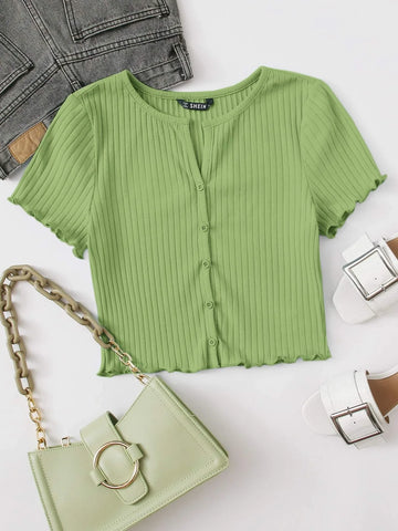 Buy SHEIN EZwear Button Front Lettuce Trim Rib-knit Tee in Pakistan