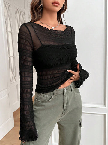 Buy SHEIN EZwear Lettuce Trim Flare Sleeve Top Without Bra in Pakistan