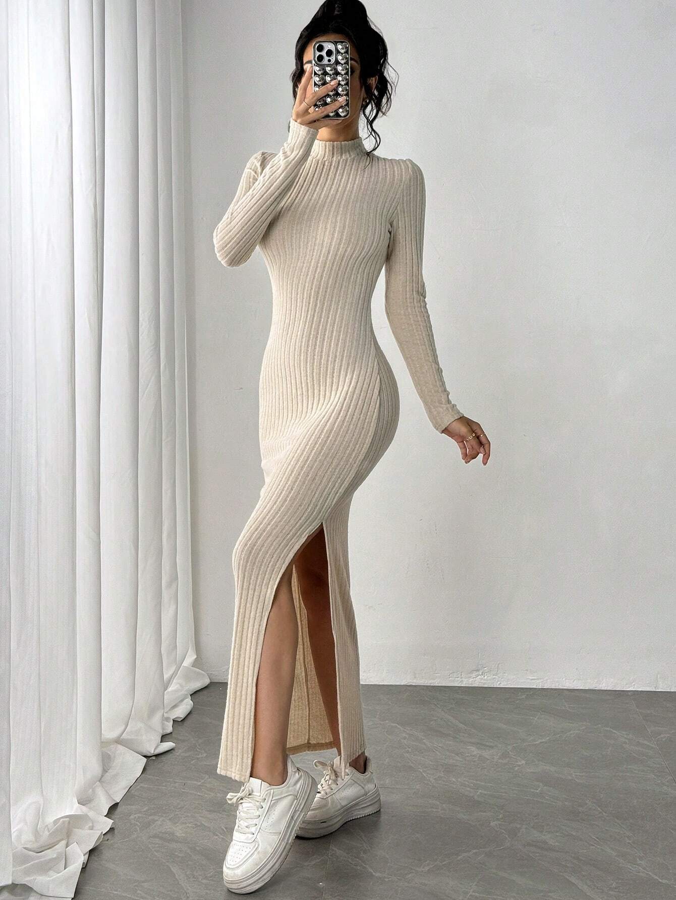 Dress Shein Longsleeve SHEIN Essnce Women Long Side Slit High Neck Long Sleeve Dress Dress Shein Longsleeve SHEIN Essnce Women Long Side Slit High Neck Long Sleeve Dress