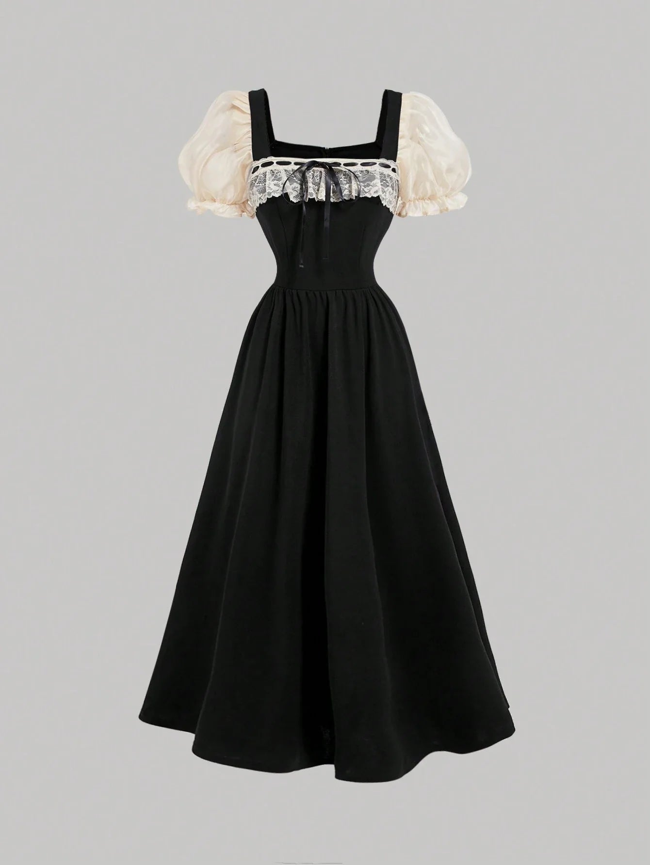 chinese dress ladies SHEIN MOD Black And Apricot Palace Lace Vintage Bow Puff Sleeve Long D