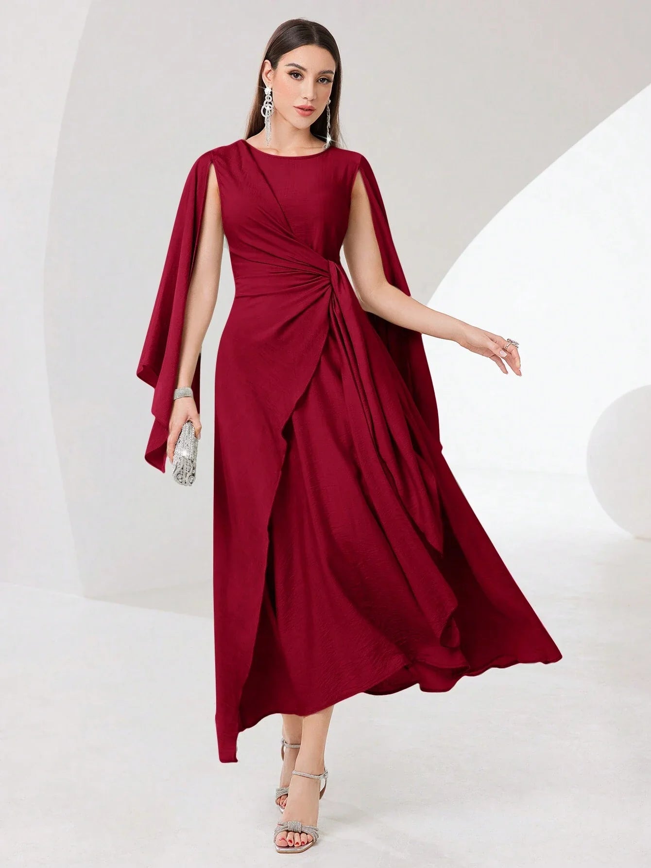 SHEIN Modely Burgundy Red Cloak Sleeve Knot Side Wrap Hem Dress SHEIN Modely Burgundy Red Cloak Sleeve Knot Side Wrap Hem Dress