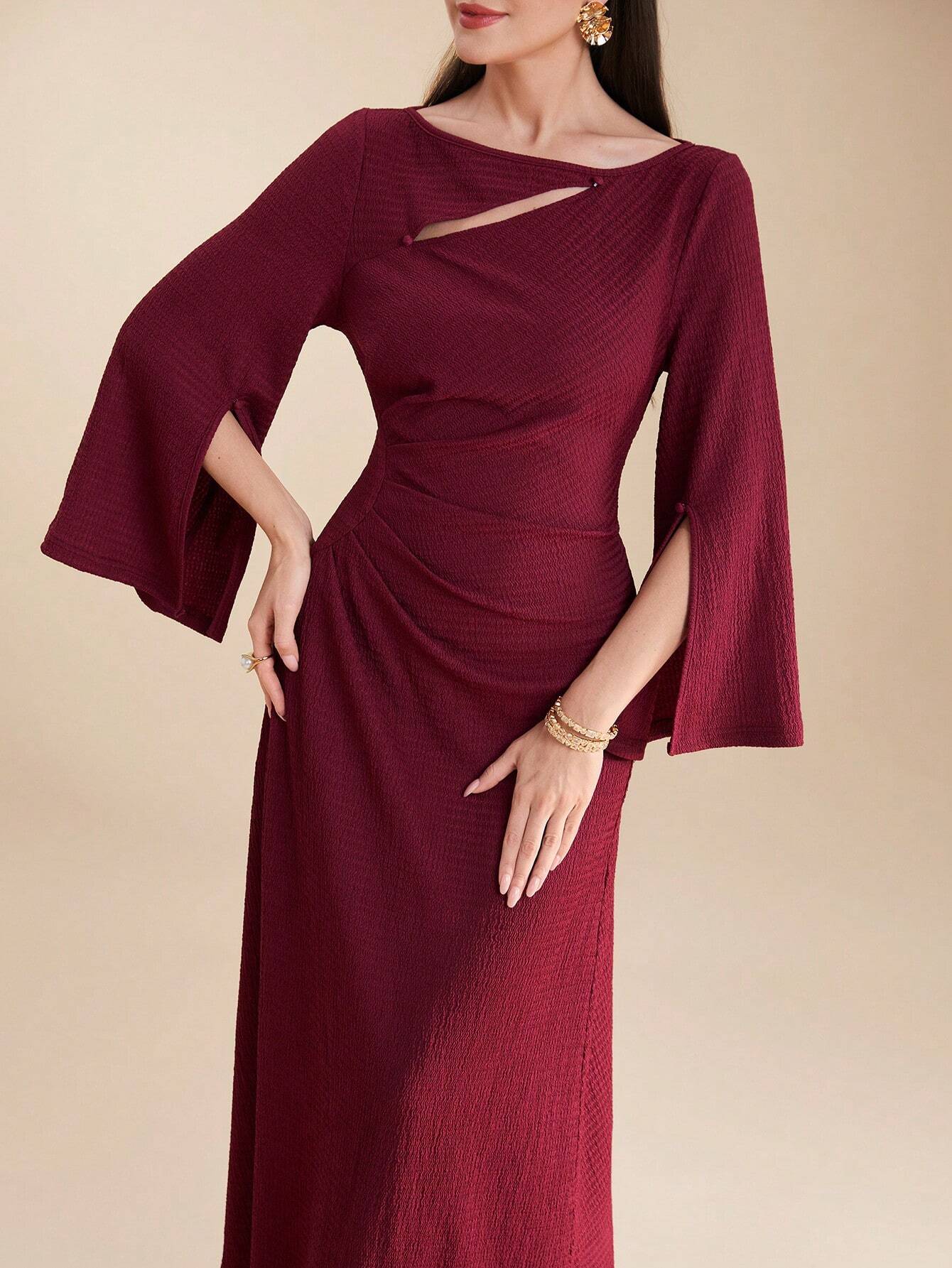 SHEIN Modely Burgundy Red Ladies' Solid Color Simple Arabian Daily Mod SHEIN Modely Burgundy Red Ladies' Solid Color Simple Arabian Daily Mod