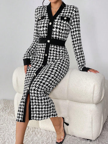Buy SHEIN Privé Houndstooth Print Button Front Bodycon Dress in Pakistan
