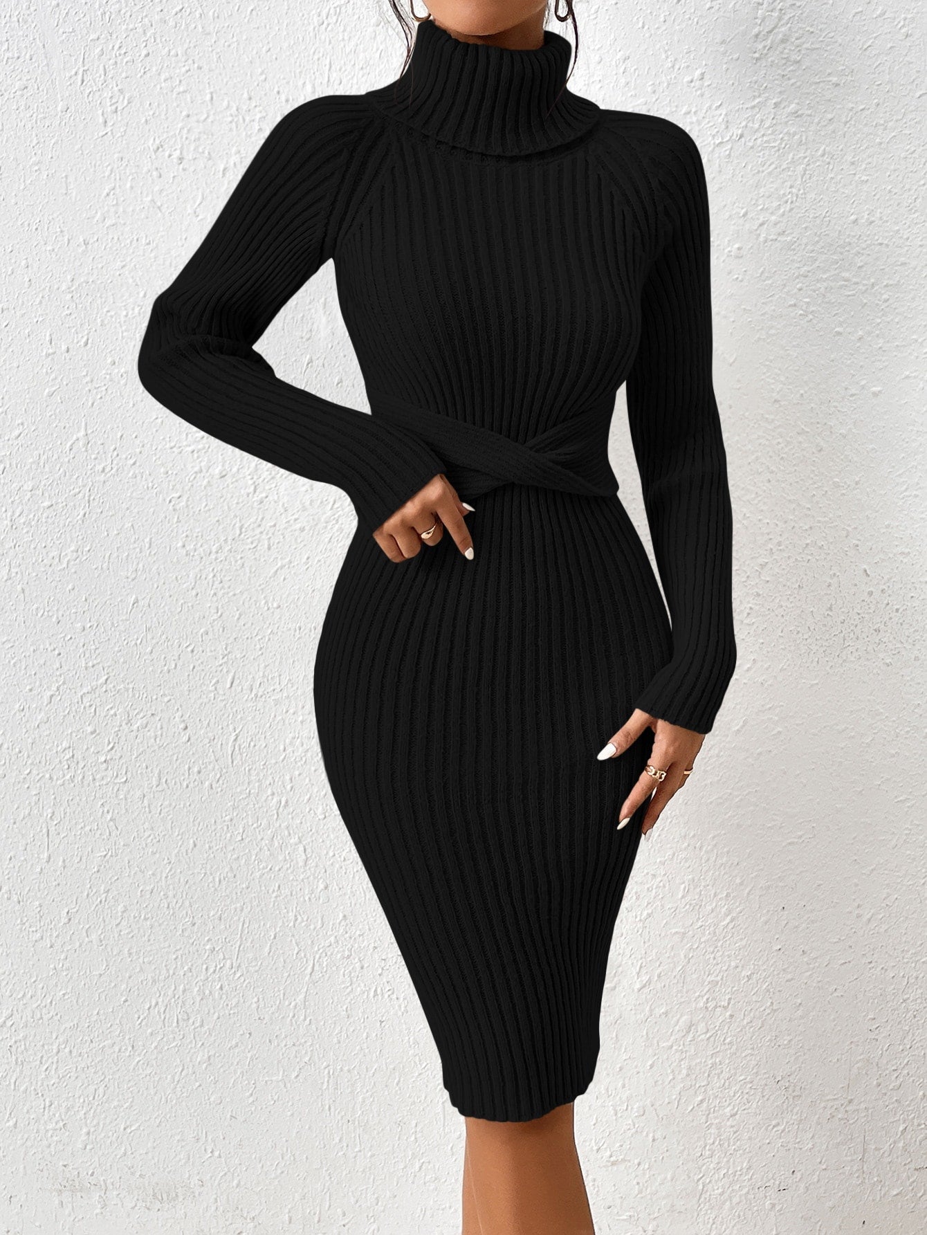 SHEIN Privé Turtleneck Raglan Sleeve Twist Front Sweater Dress SHEIN Privé Turtleneck Raglan Sleeve Twist Front Sweater Dress