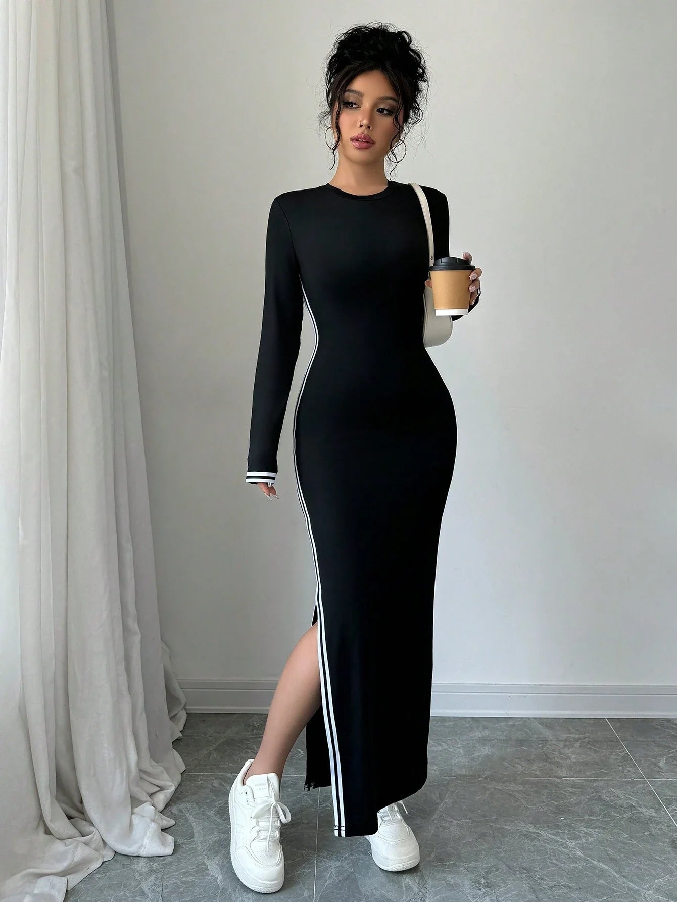 knee length dresses for ladies SHEIN Clasi Women's Full-Lace Long Sleeve Bodycon Slim Fit Crew Neck D main image 0