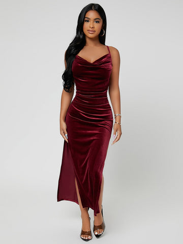 Buy SHEIN SXY Draped Collar Split Thigh Velvet Cami Dress in Pakistan