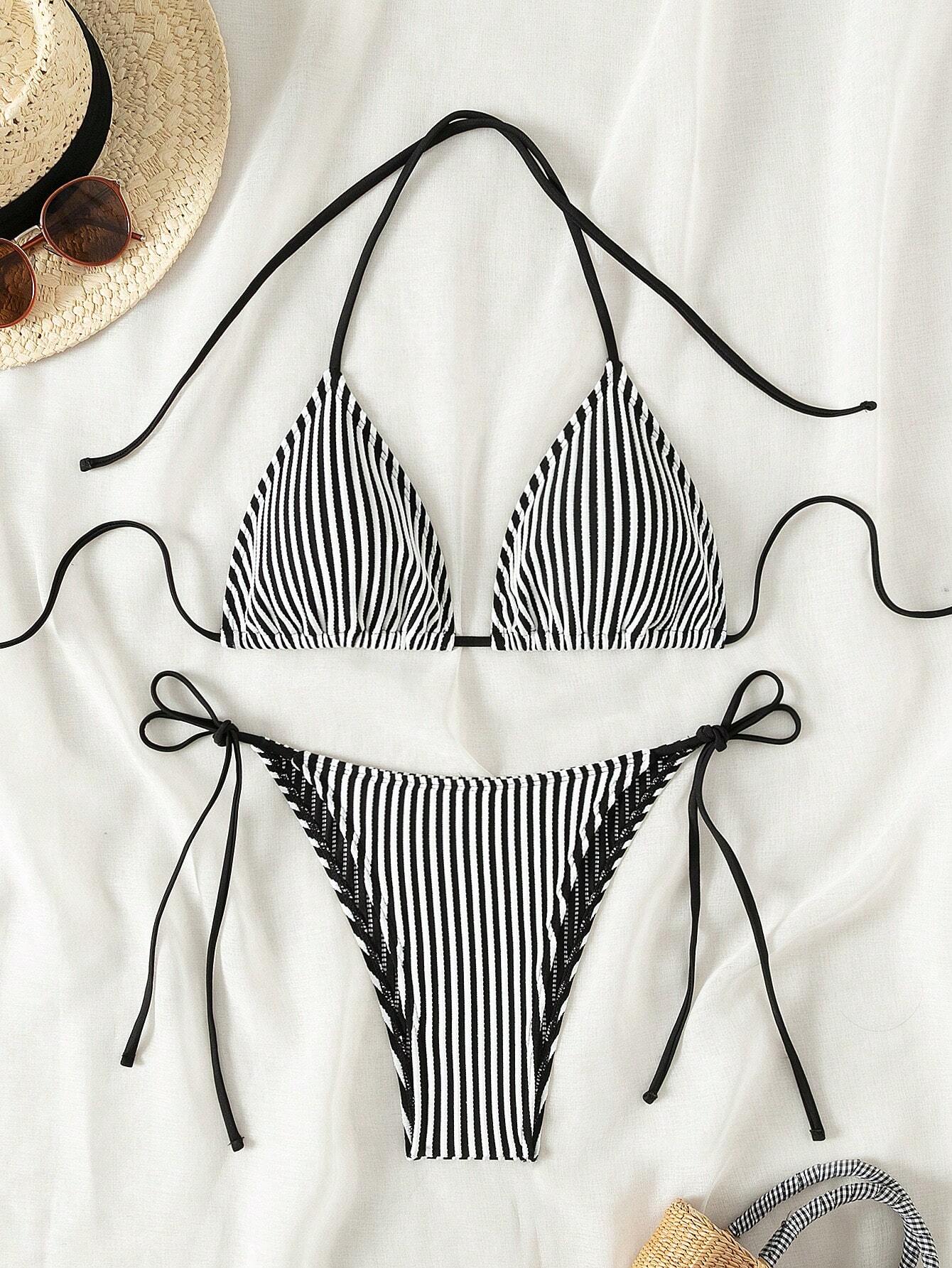 Buy SHEIN Swim Summer Beach Women's Striped Halterneck Separate Swimsuit With Ties in Pakistan