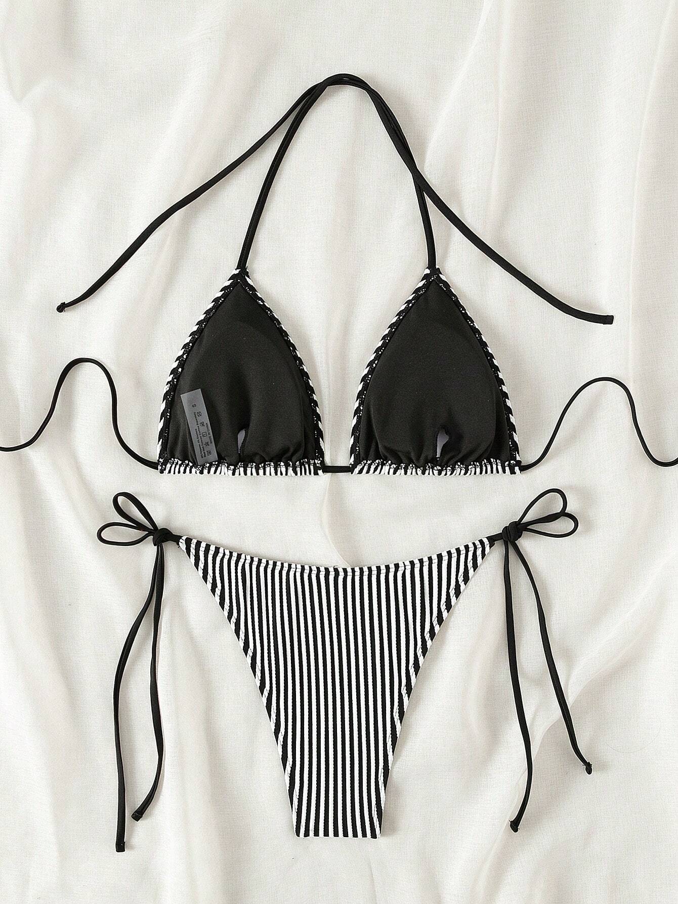 Buy SHEIN Swim Summer Beach Women's Striped Halterneck Separate Swimsuit With Ties in Pakistan