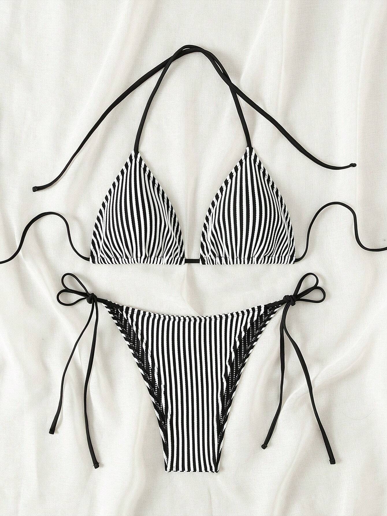 Buy SHEIN Swim Summer Beach Women's Striped Halterneck Separate Swimsuit With Ties in Pakistan