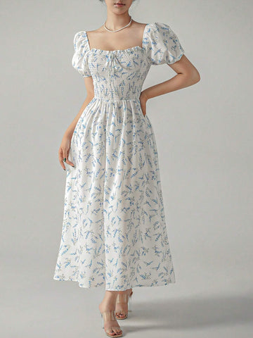 Buy SHEIN Unity Ditsy Floral Print Puff Sleeve Knot Front Dress in Pakistan